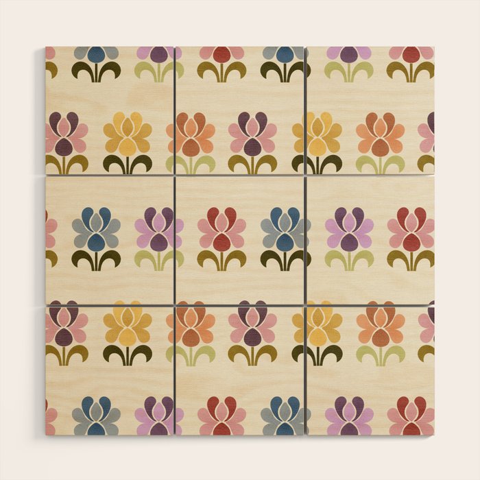 70s Retro Florals Pattern with Linen Texture Wood Wall Art