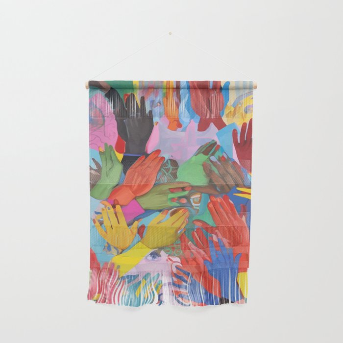 A Hand Is All We Need, Abstract Human Face Community, Humanity People Colorful Concept Positivity Wall Hanging