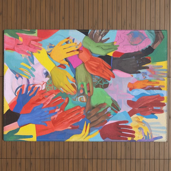 A Hand Is All We Need, Abstract Human Face Community, Humanity People Colorful Concept Positivity Outdoor Rug