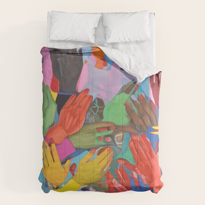 A Hand Is All We Need, Abstract Human Face Community, Humanity People Colorful Concept Positivity Comforter