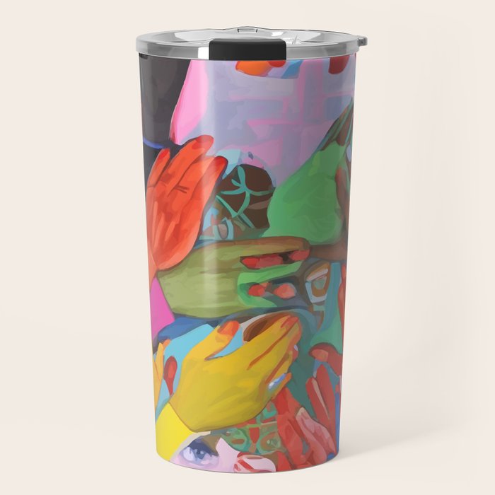 A Hand Is All We Need, Abstract Human Face Community, Humanity People Colorful Concept Positivity Travel Mug