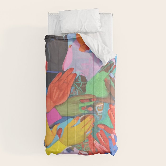 A Hand Is All We Need, Abstract Human Face Community, Humanity People Colorful Concept Positivity Comforter
