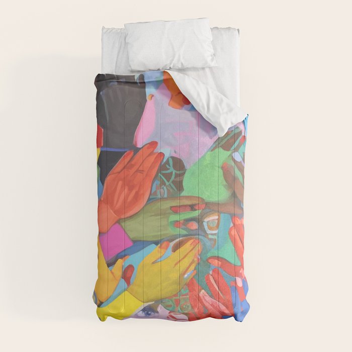 A Hand Is All We Need, Abstract Human Face Community, Humanity People Colorful Concept Positivity Comforter