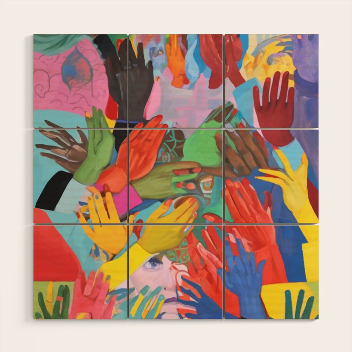 A Hand Is All We Need, Abstract Human Face Community, Humanity People Colorful Concept Positivity Wood Wall Art