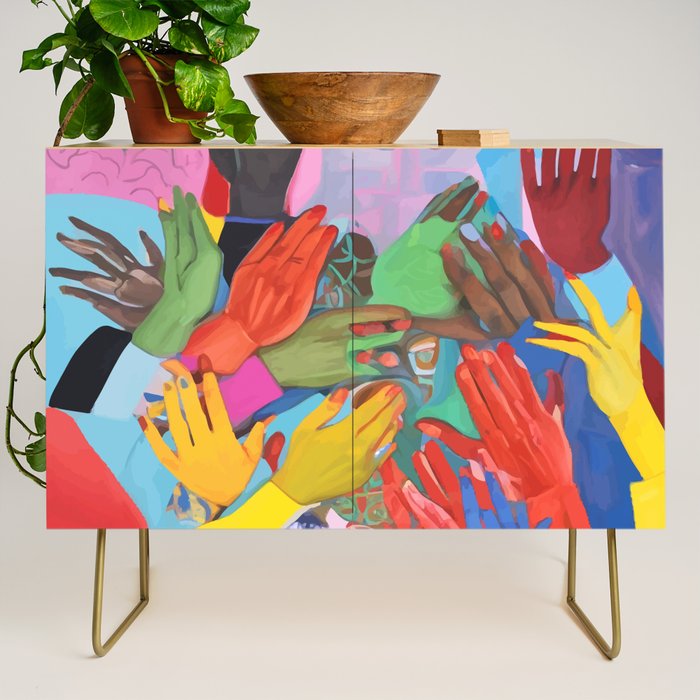 A Hand Is All We Need, Abstract Human Face Community, Humanity People Colorful Concept Positivity Credenza