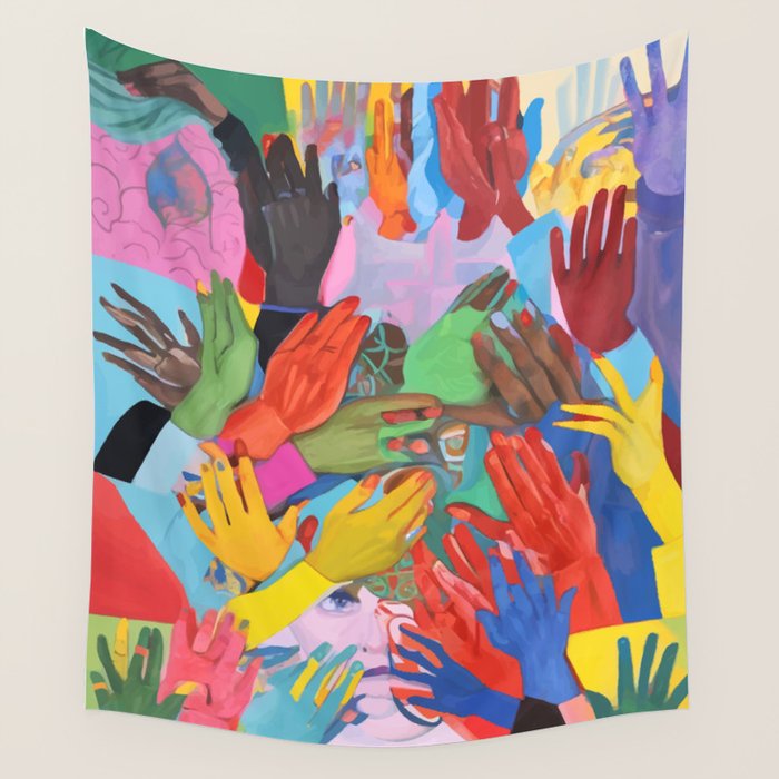 A Hand Is All We Need, Abstract Human Face Community, Humanity People Colorful Concept Positivity Wall Tapestry