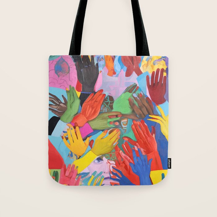 A Hand Is All We Need, Abstract Human Face Community, Humanity People Colorful Concept Positivity Tote Bag
