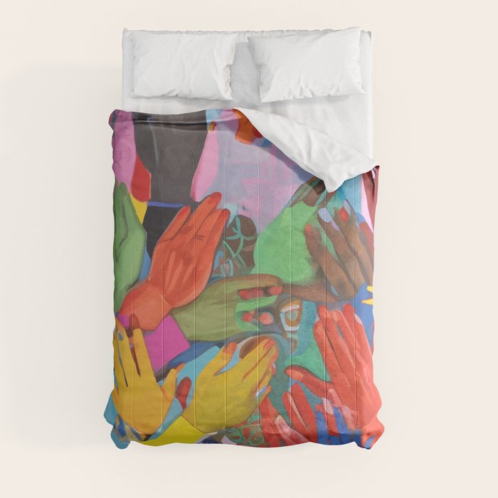 A Hand Is All We Need, Abstract Human Face Community, Humanity People Colorful Concept Positivity Comforter