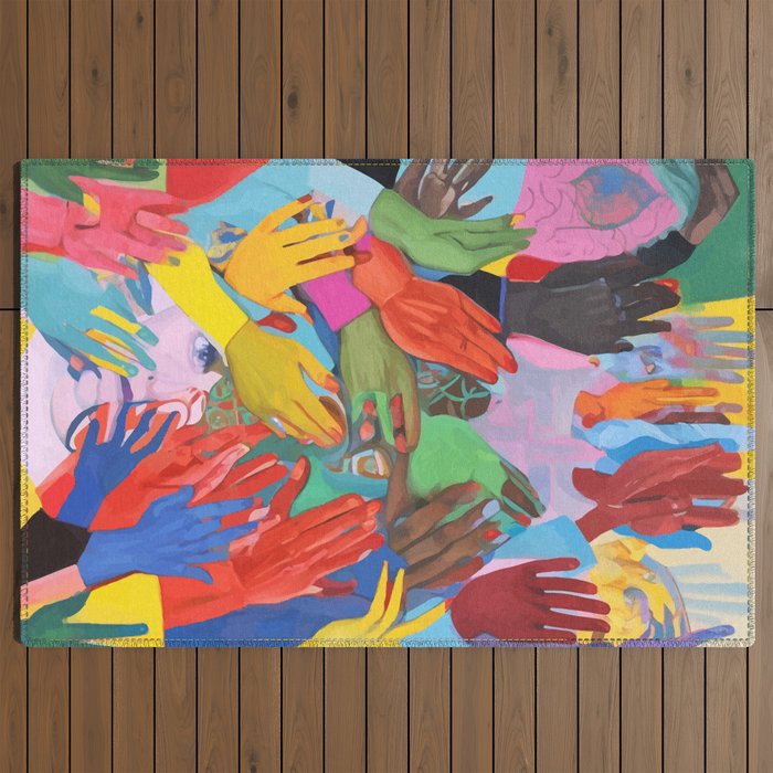 A Hand Is All We Need, Abstract Human Face Community, Humanity People Colorful Concept Positivity Outdoor Rug