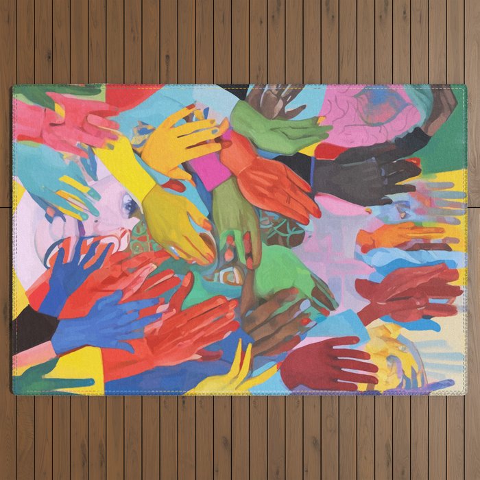 A Hand Is All We Need, Abstract Human Face Community, Humanity People Colorful Concept Positivity Outdoor Rug