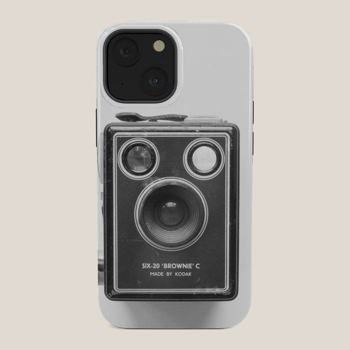 A Kodak Brownie analog vintage camera on a white background  Retro photography in black and white iPhone Case