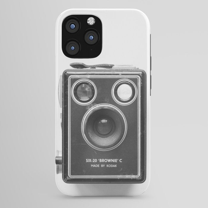 A Kodak Brownie analog vintage camera on a white background  Retro photography in black and white iPhone Case