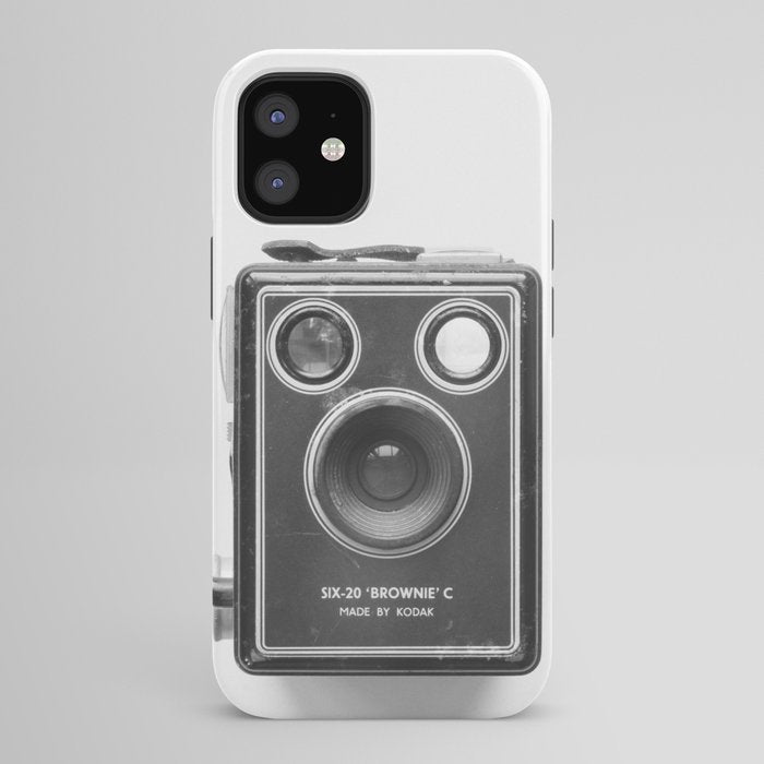 A Kodak Brownie analog vintage camera on a white background  Retro photography in black and white iPhone Case