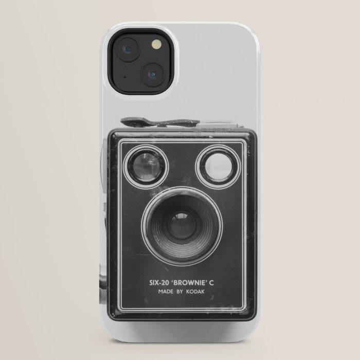 A Kodak Brownie analog vintage camera on a white background  Retro photography in black and white iPhone Case