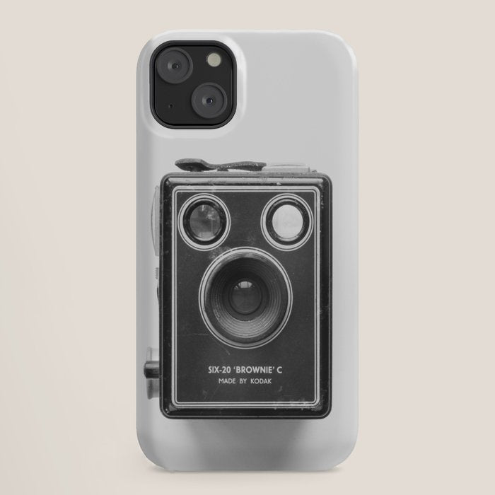 A Kodak Brownie analog vintage camera on a white background  Retro photography in black and white iPhone Case
