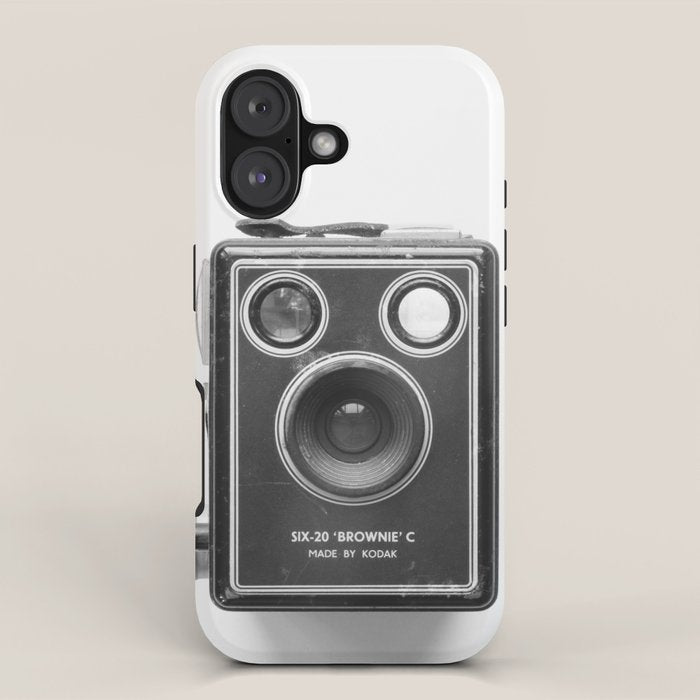 A Kodak Brownie analog vintage camera on a white background  Retro photography in black and white iPhone Case