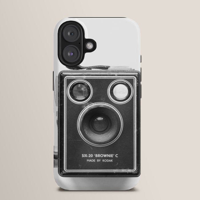 A Kodak Brownie analog vintage camera on a white background  Retro photography in black and white iPhone Case