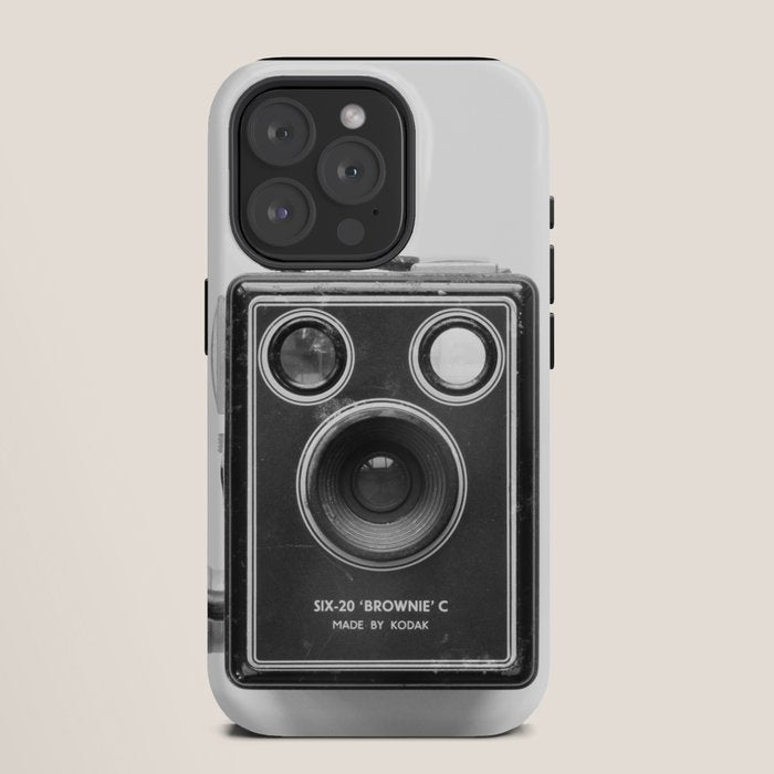 A Kodak Brownie analog vintage camera on a white background  Retro photography in black and white iPhone Case