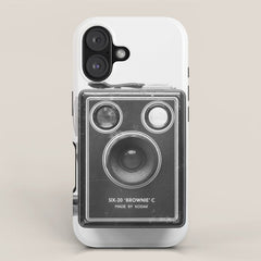 A Kodak Brownie analog vintage camera on a white background  Retro photography in black and white iPhone Case