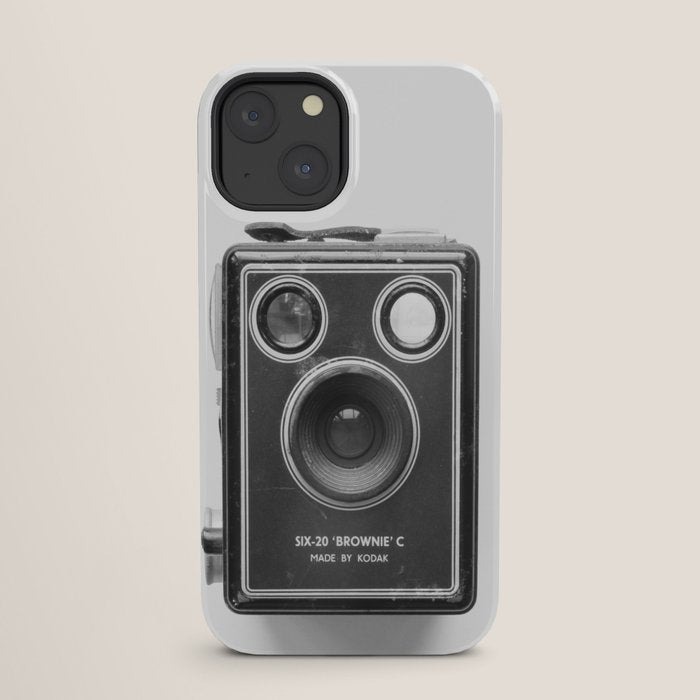 A Kodak Brownie analog vintage camera on a white background  Retro photography in black and white iPhone Case