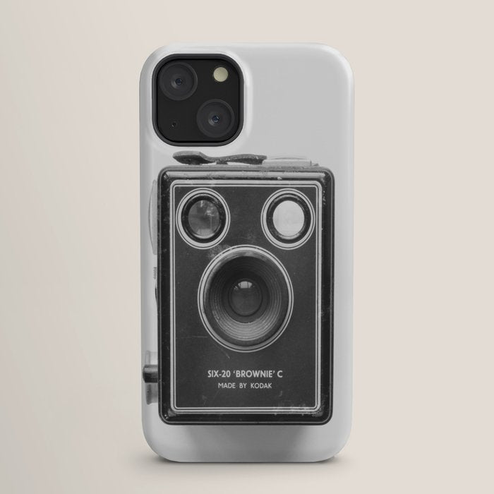 A Kodak Brownie analog vintage camera on a white background  Retro photography in black and white iPhone Case