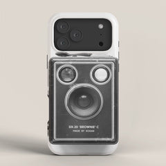 A Kodak Brownie analog vintage camera on a white background  Retro photography in black and white iPhone Case