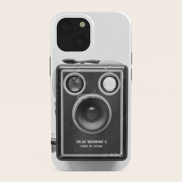 A Kodak Brownie analog vintage camera on a white background  Retro photography in black and white iPhone Case