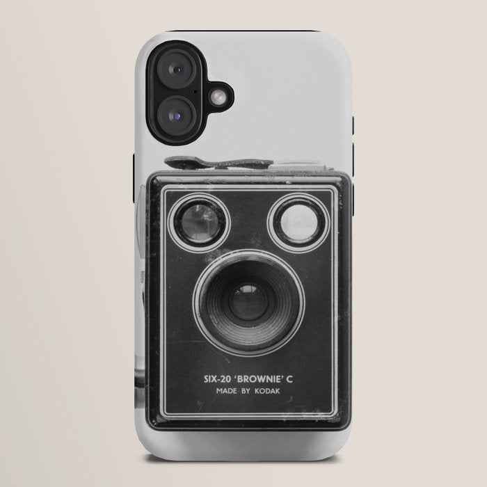 A Kodak Brownie analog vintage camera on a white background  Retro photography in black and white iPhone Case