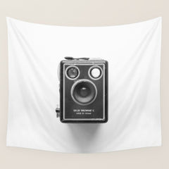 A Kodak Brownie analog vintage camera on a white background  Retro photography in black and white Wall Tapestry