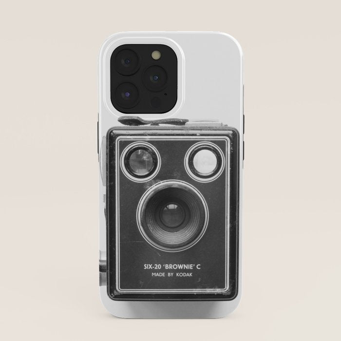 A Kodak Brownie analog vintage camera on a white background  Retro photography in black and white iPhone Case