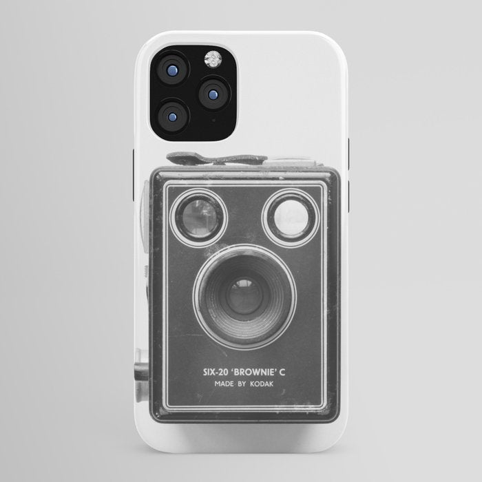 A Kodak Brownie analog vintage camera on a white background  Retro photography in black and white iPhone Case