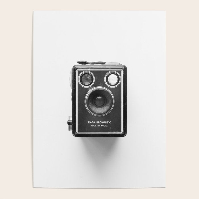 A Kodak Brownie analog vintage camera on a white background  Retro photography in black and white Poster