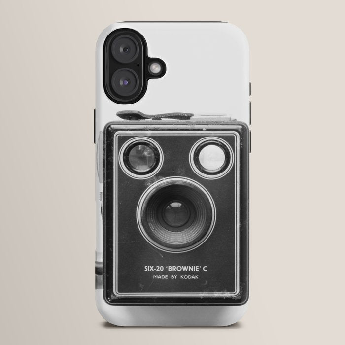 A Kodak Brownie analog vintage camera on a white background  Retro photography in black and white iPhone Case