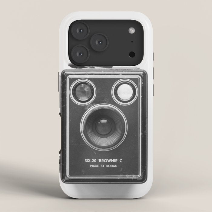A Kodak Brownie analog vintage camera on a white background  Retro photography in black and white iPhone Case
