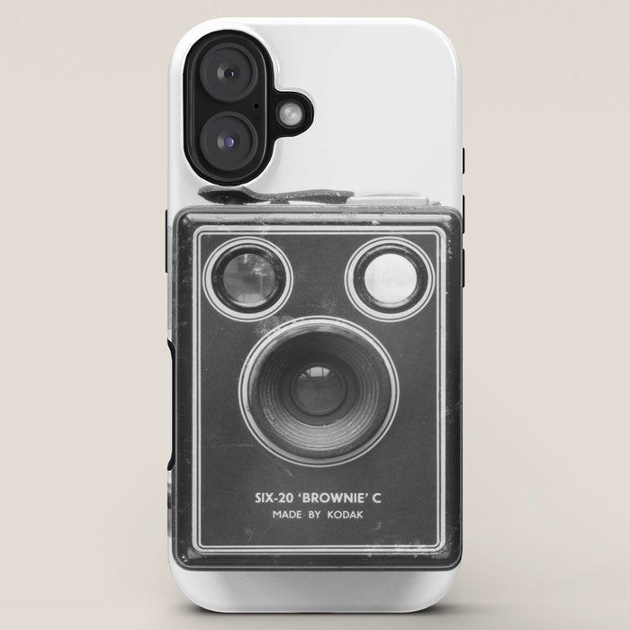 A Kodak Brownie analog vintage camera on a white background  Retro photography in black and white iPhone Case