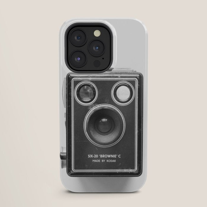 A Kodak Brownie analog vintage camera on a white background  Retro photography in black and white iPhone Case