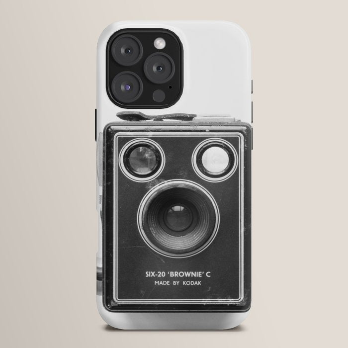 A Kodak Brownie analog vintage camera on a white background  Retro photography in black and white iPhone Case