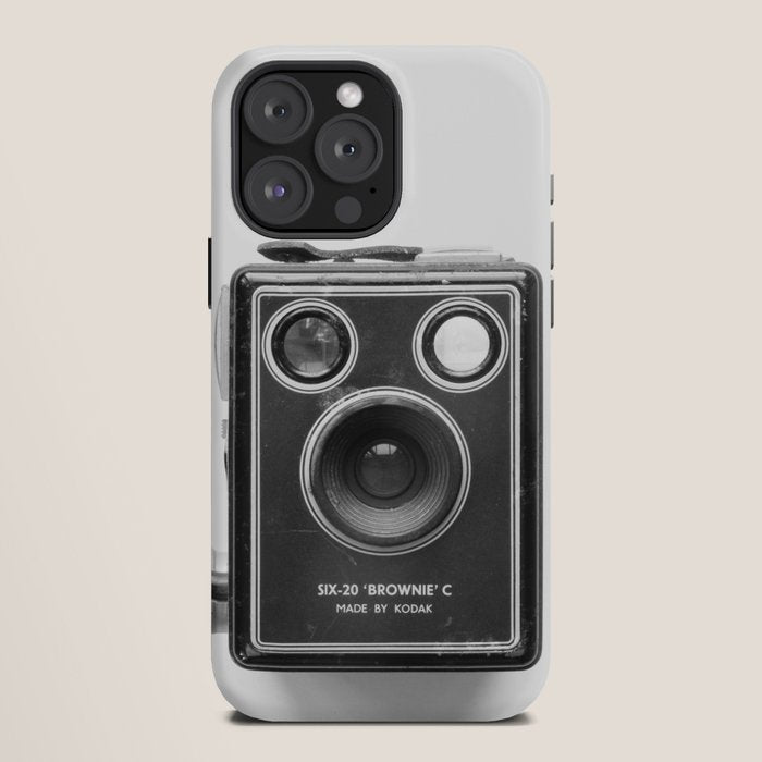 A Kodak Brownie analog vintage camera on a white background  Retro photography in black and white iPhone Case