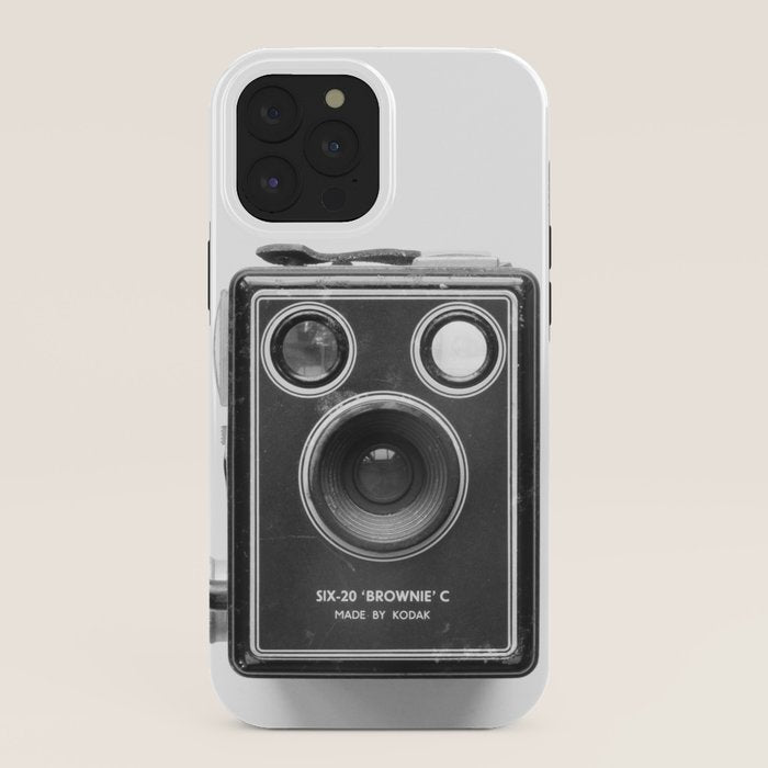 A Kodak Brownie analog vintage camera on a white background  Retro photography in black and white iPhone Case
