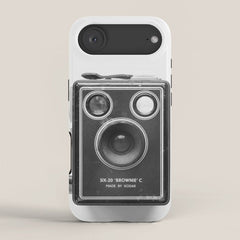 A Kodak Brownie analog vintage camera on a white background  Retro photography in black and white iPhone Case