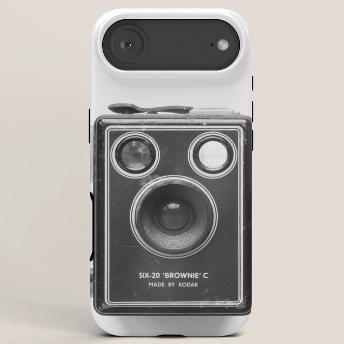 A Kodak Brownie analog vintage camera on a white background  Retro photography in black and white iPhone Case