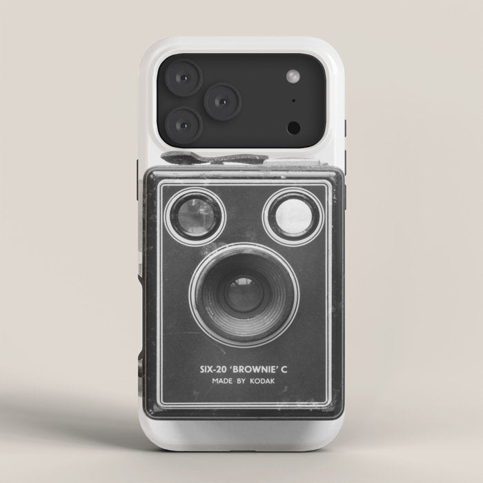 A Kodak Brownie analog vintage camera on a white background  Retro photography in black and white iPhone Case