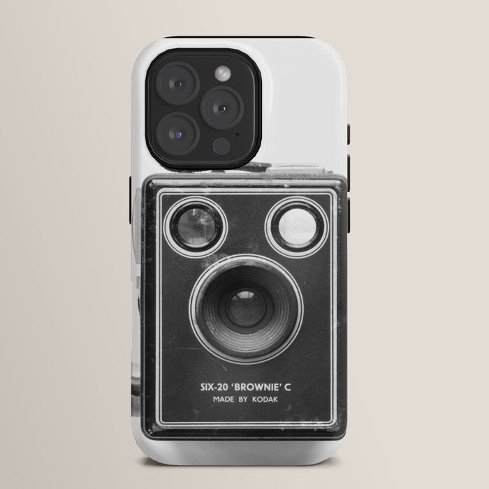 A Kodak Brownie analog vintage camera on a white background  Retro photography in black and white iPhone Case