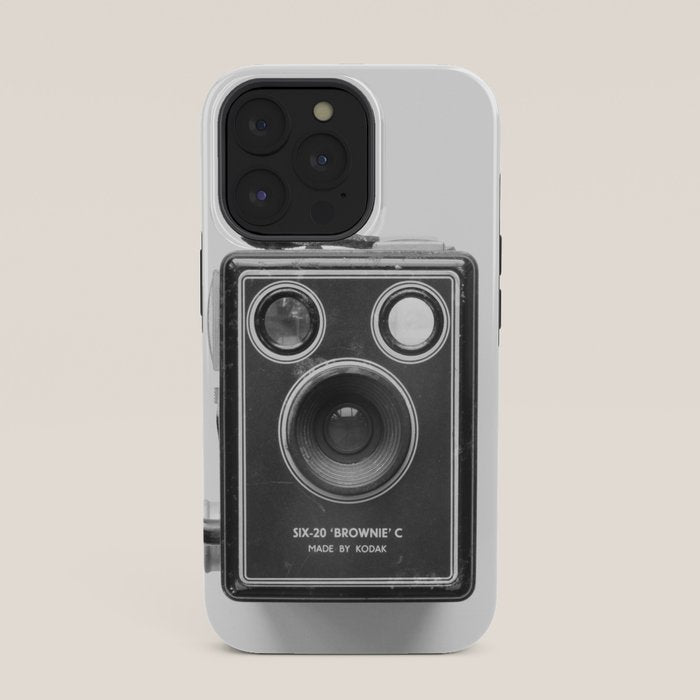A Kodak Brownie analog vintage camera on a white background  Retro photography in black and white iPhone Case
