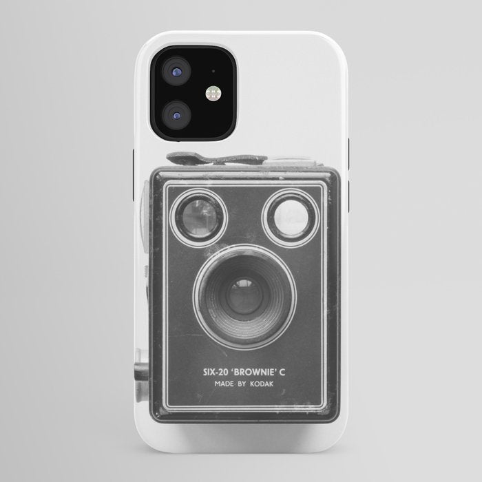 A Kodak Brownie analog vintage camera on a white background  Retro photography in black and white iPhone Case