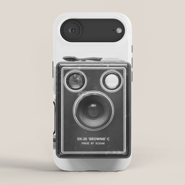 A Kodak Brownie analog vintage camera on a white background  Retro photography in black and white iPhone Case
