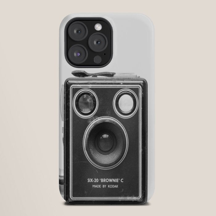 A Kodak Brownie analog vintage camera on a white background  Retro photography in black and white iPhone Case