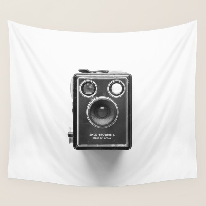 A Kodak Brownie analog vintage camera on a white background  Retro photography in black and white Wall Tapestry
