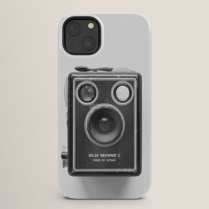 A Kodak Brownie analog vintage camera on a white background  Retro photography in black and white iPhone Case