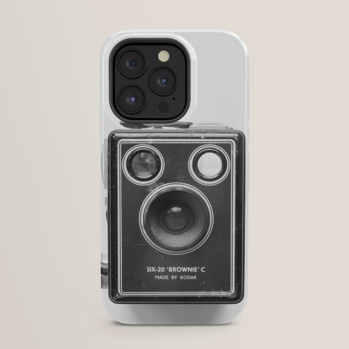 A Kodak Brownie analog vintage camera on a white background  Retro photography in black and white iPhone Case